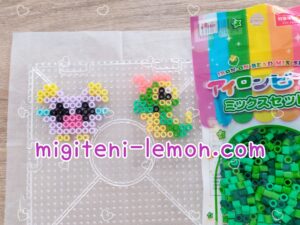 kyatapi-caterpie-gonyonyo-whismur-pokemon-handmade-iron-beads-free-daiso-green-purple-kawaii-small-square
